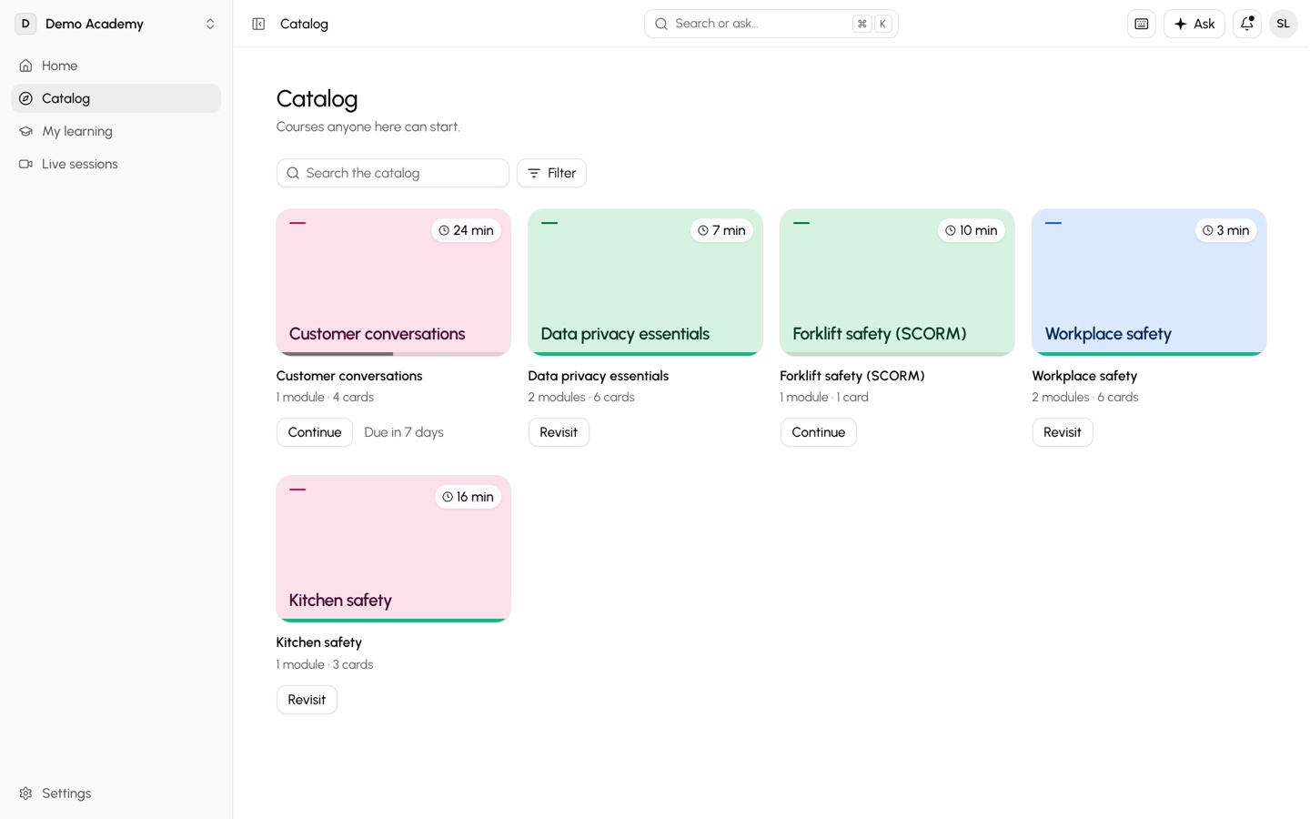 A trainee’s catalog in Classbase: the courses they can start, with modules, cards and time