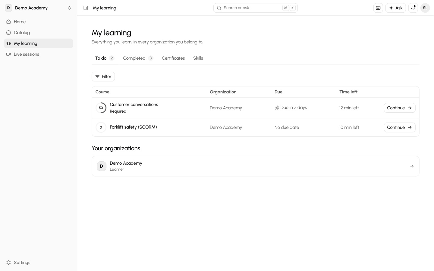 An employee’s My learning page in Classbase: required courses with due dates, certificates and skills
