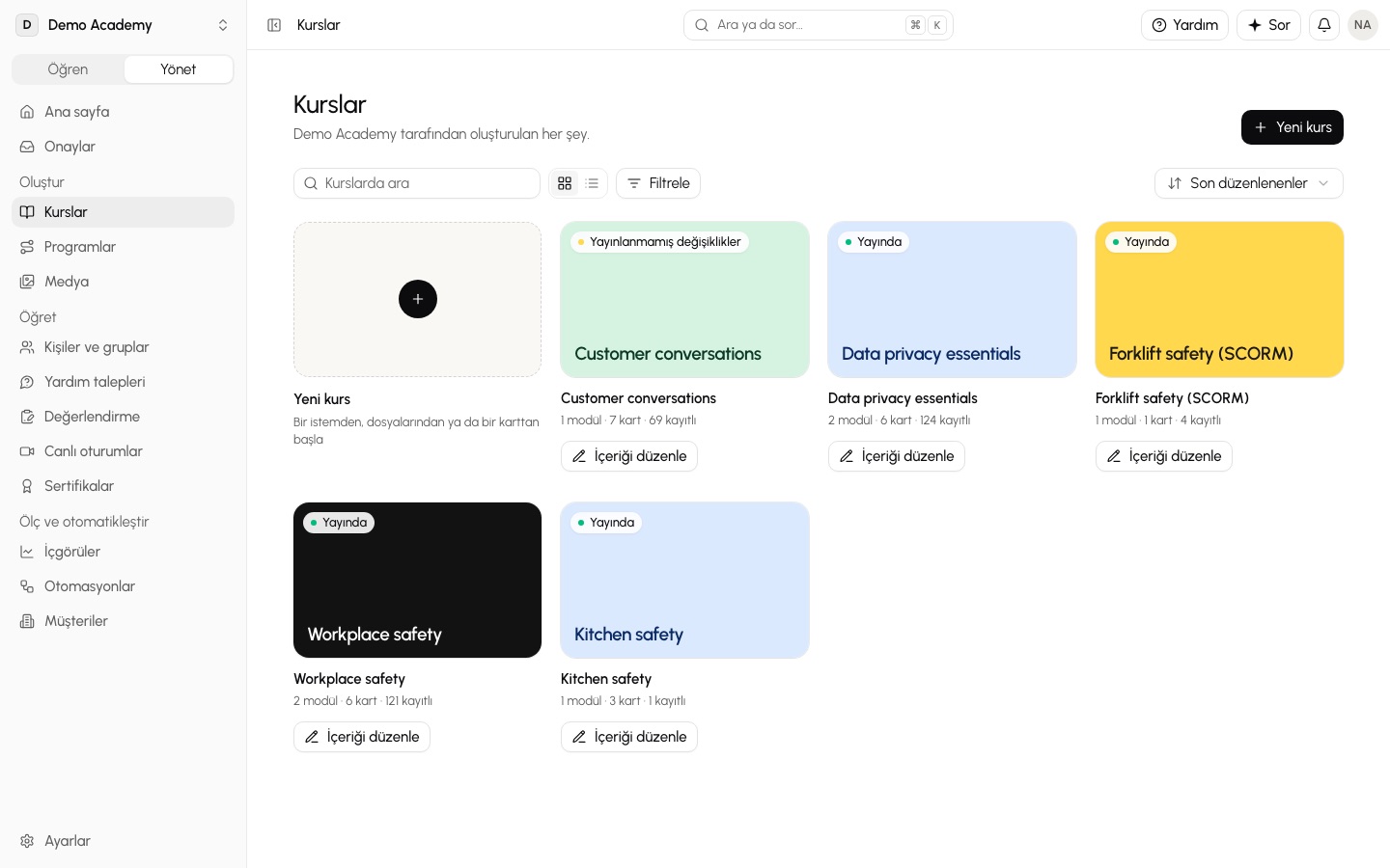 Classbase’te Kurslar ekranı
